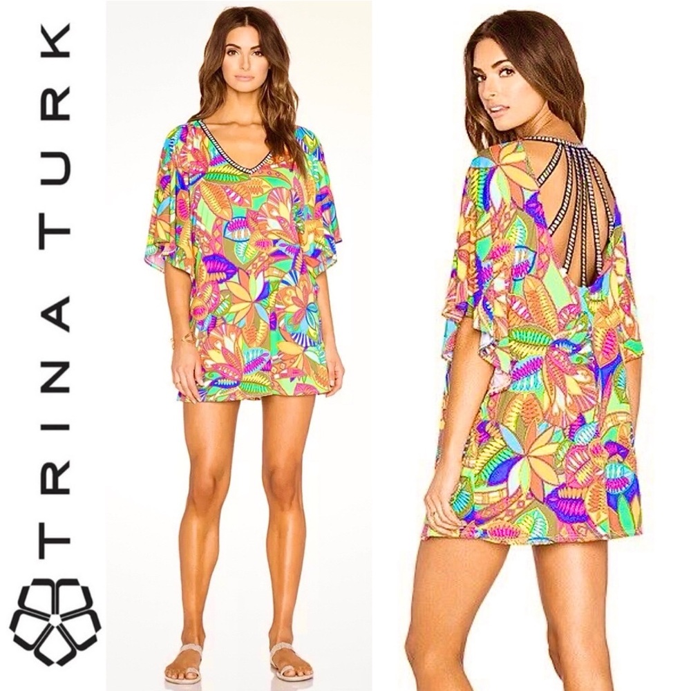 Trina Turk Montezuma Beach Coverup Tunic Dress M Boho Floral Print Cut Out Back - Picture 3 of 16